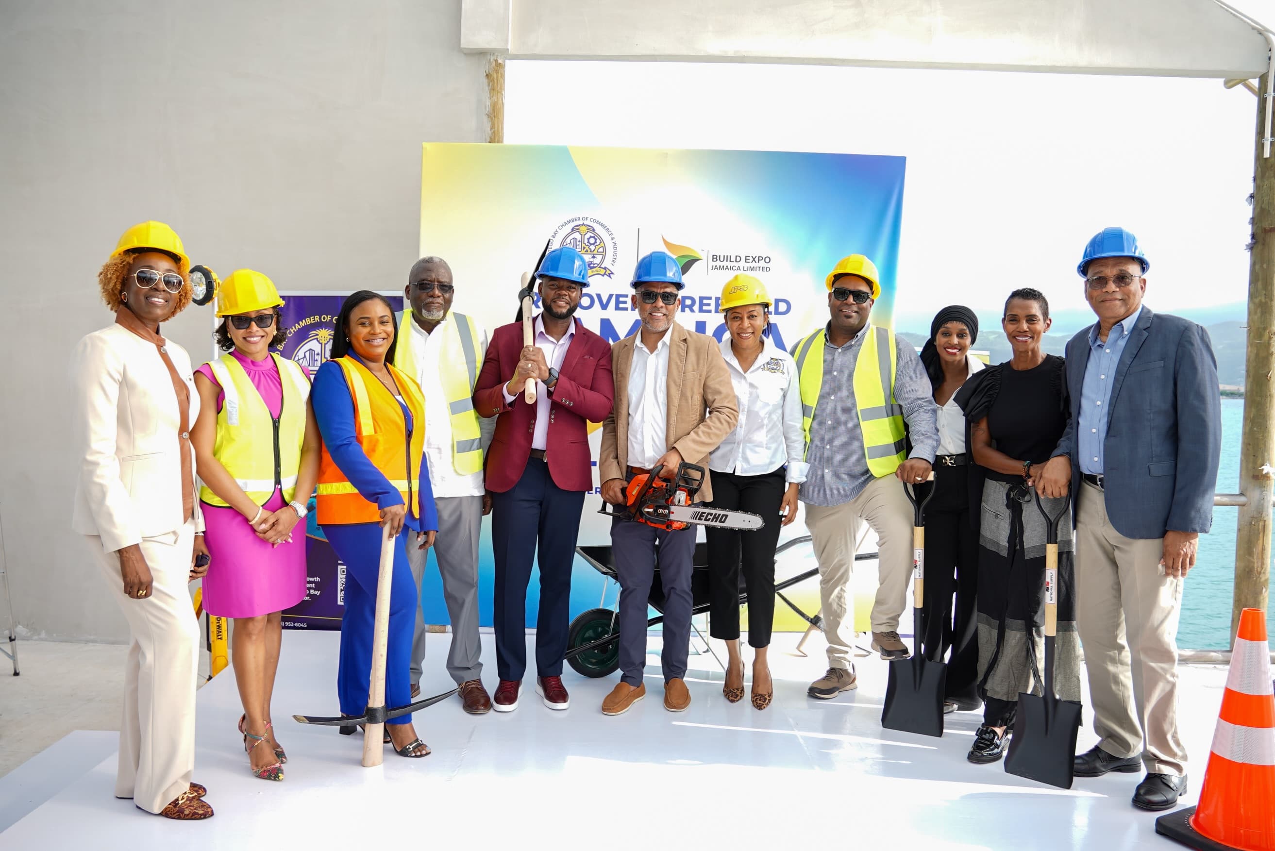 Chamber and Build Expo Jamaica officials at a groundbreaking ceremony overlooking Montego Bay